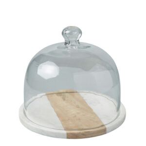 White Marble and Wood Glass Cloche