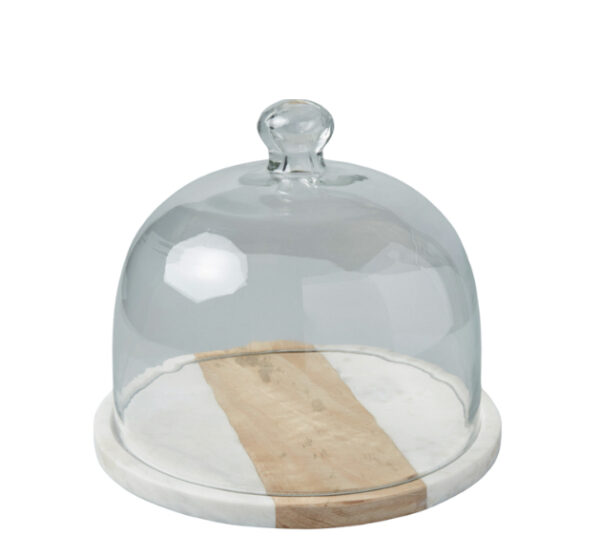 White Marble and Wood Glass Cloche