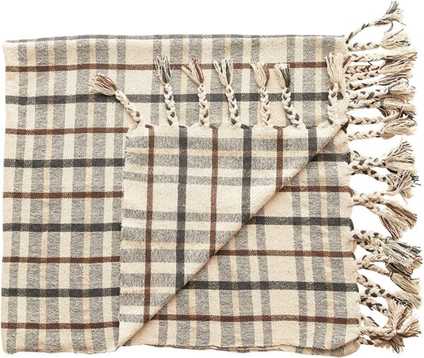 Woven Recycled Cotton Blend Plaid Throw with Braided Fringe