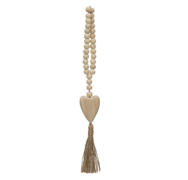Paulownia Wood Beads with Heart Icon and Jute Tassel