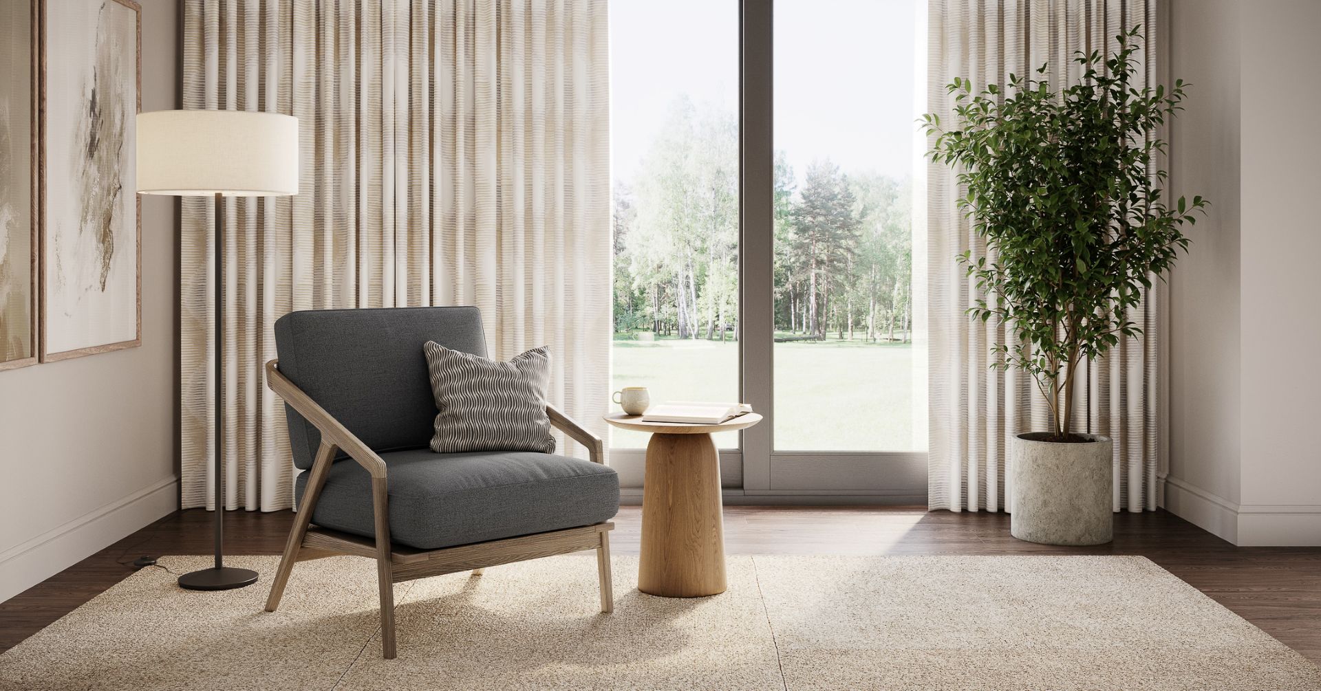 Chair and table in front of a window with custom drapery