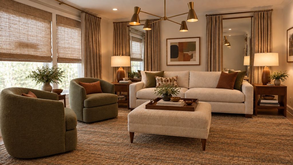 Living room styled in a Mid Century Modern Style